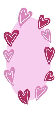 Hand drawn pink oval frame shape with red hearts. St valentine day love Stock Illustration