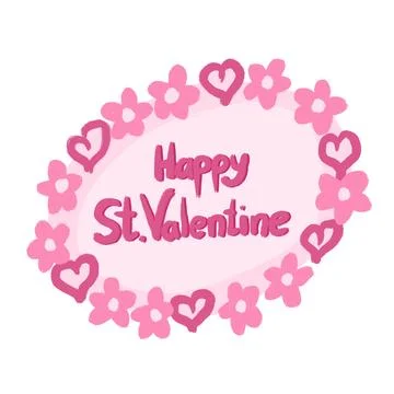 Hand drawn pink Valentine frame with hearts flowers. Round oval poster greeting Stock Illustration