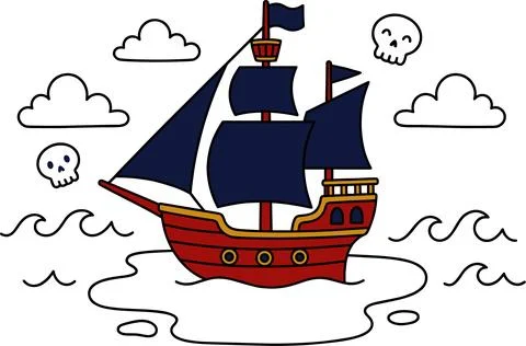 Hand drawn pirate ship sailing on the ocean with skulls and clouds. Stock Illustration