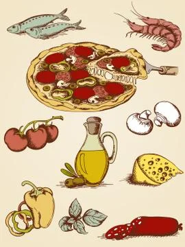 Hand drawn pizza set Stock Illustration