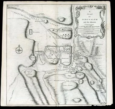 Hand drawn plan illustrating Jerusalem and adjacent country, showing histor.. Stock Photos