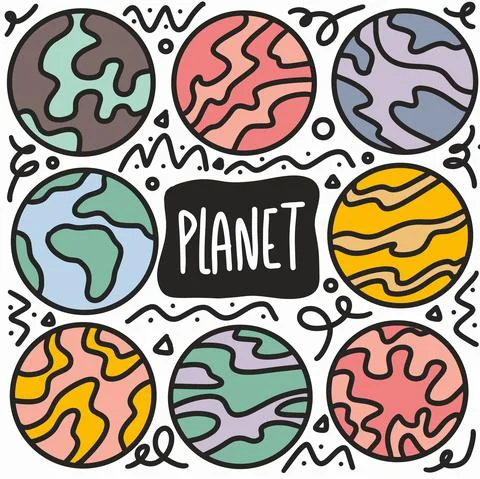 Hand drawn planets doodle set Stock Illustration