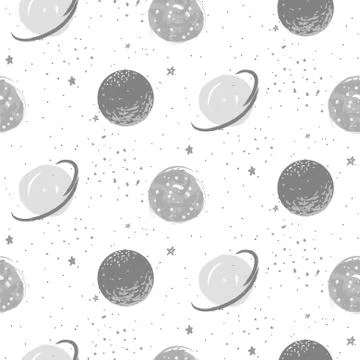 Hand drawn planets seamless vector pattern background gray on white star cosmic 스톡 일러스트