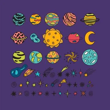 Hand drawn planets, stars, asteroids and other space objects. Sketch set of.. Stock Illustration
