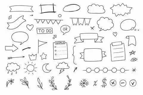 Hand drawn planner doodle elements set. Speech bubbles, banners, arrows and.. Stock Illustration