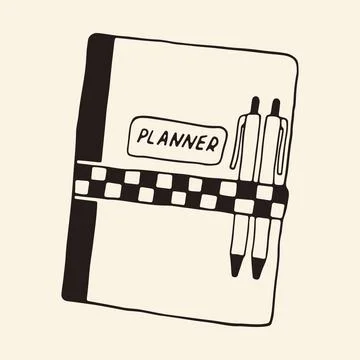 Hand drawn planner notebook with two pens. Minimalist line art doodle of a Stock Illustration
