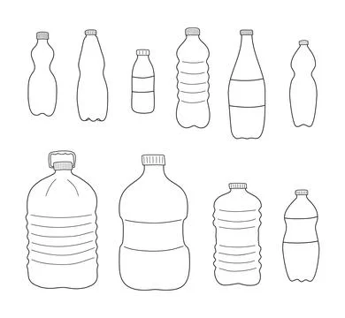 Hand drawn plastic bottles set. Stock Illustration