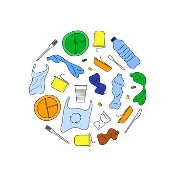 Hand drawn plastic trash in circle. Stock-Illustration