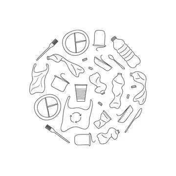 Hand drawn plastic trash in circle. Stock Illustration