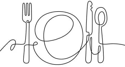 Hand drawn plate, spoon, fork and knife Continuous one line drawing Stock Illustration
