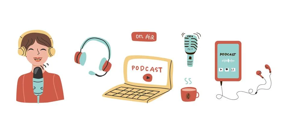 Hand drawn Podcast elements set with laptop and woman in flat style イラスト素材
