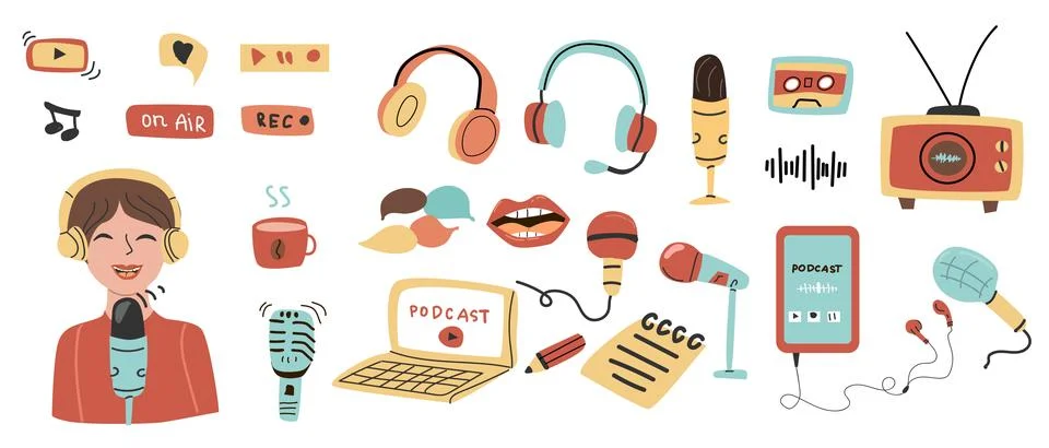 Hand drawn Podcast elements set with audio equipment and woman in flat style Stock Illustration