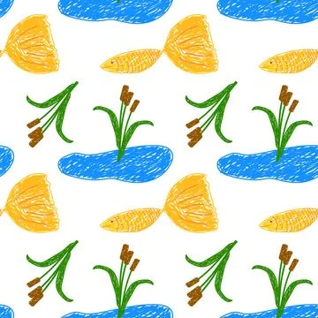 Hand-Drawn Pond Pattern with Fish and Reeds Stock Illustration