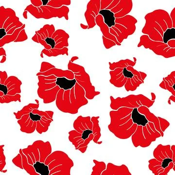 Hand drawn poppy seamless pattern. Silhouette. On white background. Stock Illustration