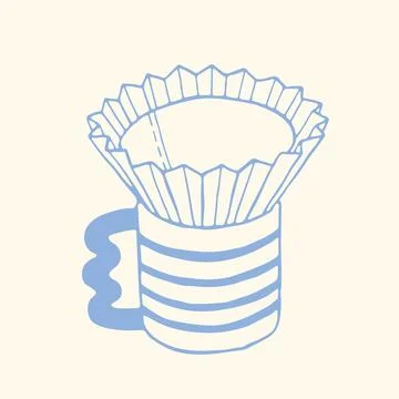 Hand drawn pour over coffee dripper on striped mug in minimalist blue line Ilustração Stock
