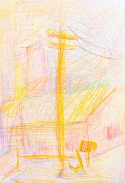 Hand-drawn power line pole above barn at sunrise Stock Illustration