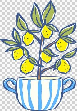 Hand drawn Preppy Lemon Tree in a Stripes Blue Pot Whimsical illustration Иллюстрация