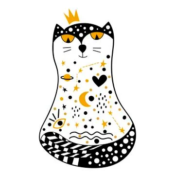 Hand drawn Princess Cat with the image of the cosmos. Cosmic Constellation of Stock Illustration