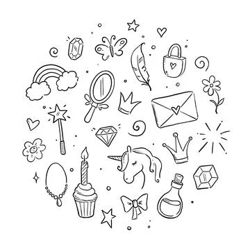 Hand drawn princess doodle set. Beauty cute girl princess accessories, fairy Stock Illustration