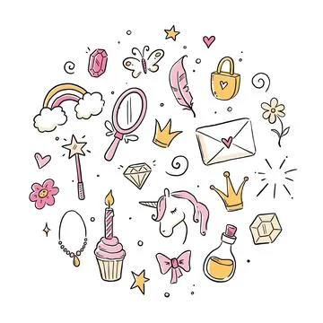 Hand drawn princess doodle set. Beauty cute girl princess accessories, fairy Illustrazione stock