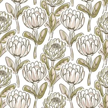 Hand drawn protea flower seamless vector pattern. Stock Illustration