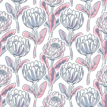 Hand drawn protea flower seamless vector pattern. Illustrazione stock
