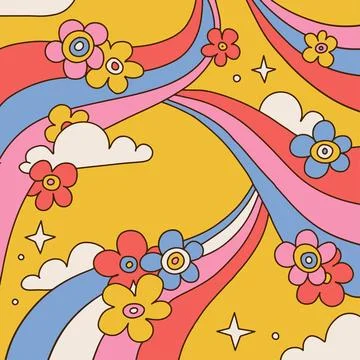 Hand drawn psychedelic groovy background with flowers, rainbows, clouds, vivid Stock Illustration