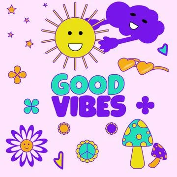 Hand drawn psychedelic groovy background with flowers, rainbows, clouds Stock Illustration