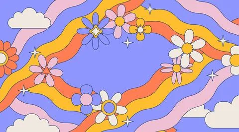 Hand drawn psychedelic groovy background with flowers, rainbows, clouds in 70s Stock Illustration