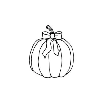 Hand drawn pumpkin with bow. Decor for autumn interior. Black outline isolated Stock Illustration