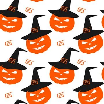Hand drawn Pumpkin in witch hat and decorative element Seamless Pattern Stock Illustration