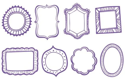 Hand-drawn purple doodle frames set with vintage borders. Stock Illustration