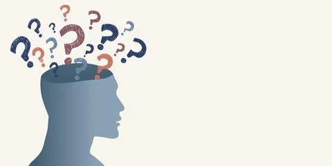Hand drawn question marks in semicircle above a head silhouette. Questionnaire Stock Illustration