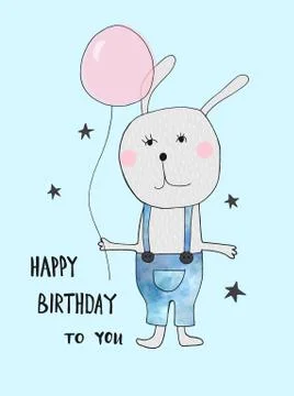 Hand drawn rabbit with balloon with hand drawn lettering happy birthday. Can be Stock Illustration