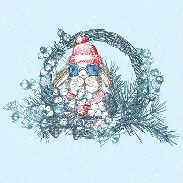 Hand drawn rabbit in red winter hat, scarf, sunglasses Xmas wreath Bunny symb Stock Illustration