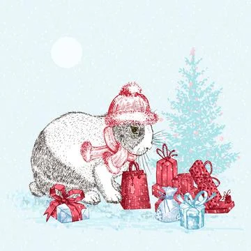 Hand drawn rabbit in red winter hat and scarf. Bunny symbol Chinese New Year  Stock Illustration
