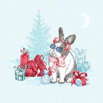 Hand drawn rabbit in red winter hat and scarf. Bunny symbol Chinese New Year  Stock Illustration