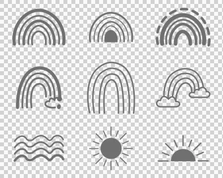 Hand drawn rainbow and sun doodle icons set for nursery decor . Ilustración de archivo