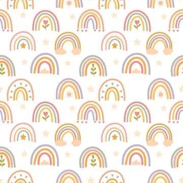 Hand-drawn rainbow seamless pattern with icons Stock Illustration