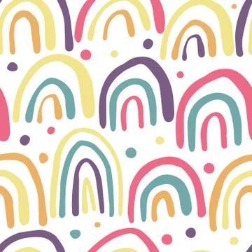 Hand drawn rainbows seamless pattern. Polka dot wallpaper. Stock Illustration
