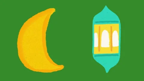 Hand Drawn Ramadan Crescent Moon and Lantern Animation on Green Screen | 2D Hand Stock Footage 328988656
