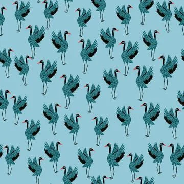Hand drawn random crane bird shapes seamless pattern. Light blue background.  Stock Illustration