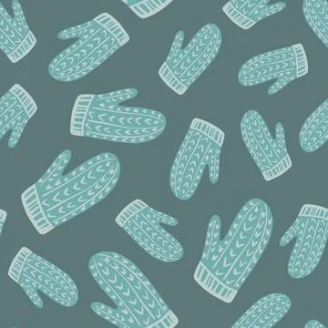 Hand drawn random seamless pattern with blue contoured mittens ornament. Dark Illustrazione stock