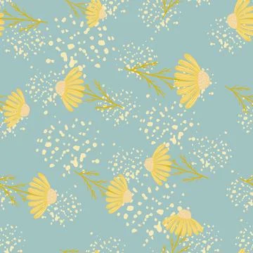 Hand drawn random yellow daisy flowers seamless pattern. Blue background with Stock Illustration