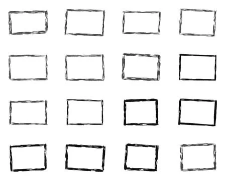 Hand drawn rectangle frame set with sixteen sketchy black borders, doodle Stock Illustration
