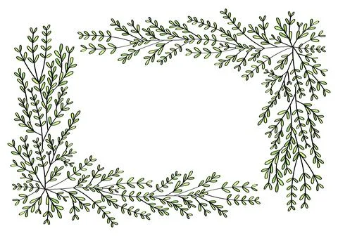 Hand drawn rectangular frame of branches and leaves from bushes and trees Illustrazione stock
