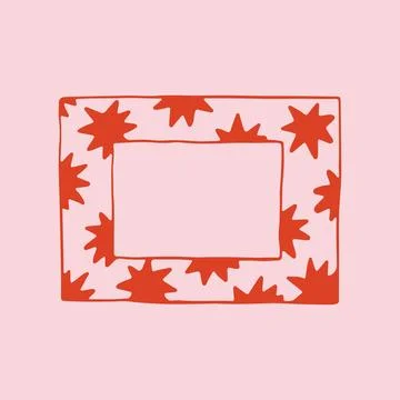 Hand drawn rectangular frame decorated with red star shapes on pink background Stock Illustration