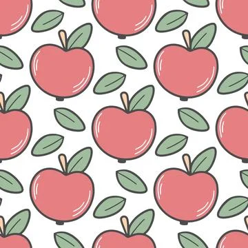 Hand drawn red apples and leaves seamless pattern Stock Illustration