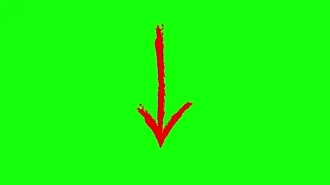 Hand drawn red arrow pointing down on a green screen. Animated downward symbol Stock Footage 345492236