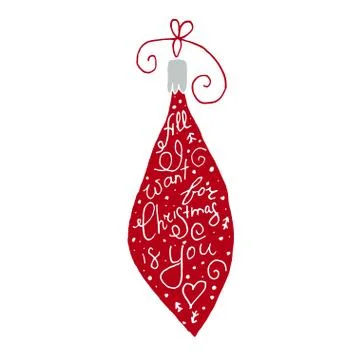 Hand drawn red christmas tree ball with lettering text inside. Stock Illustration